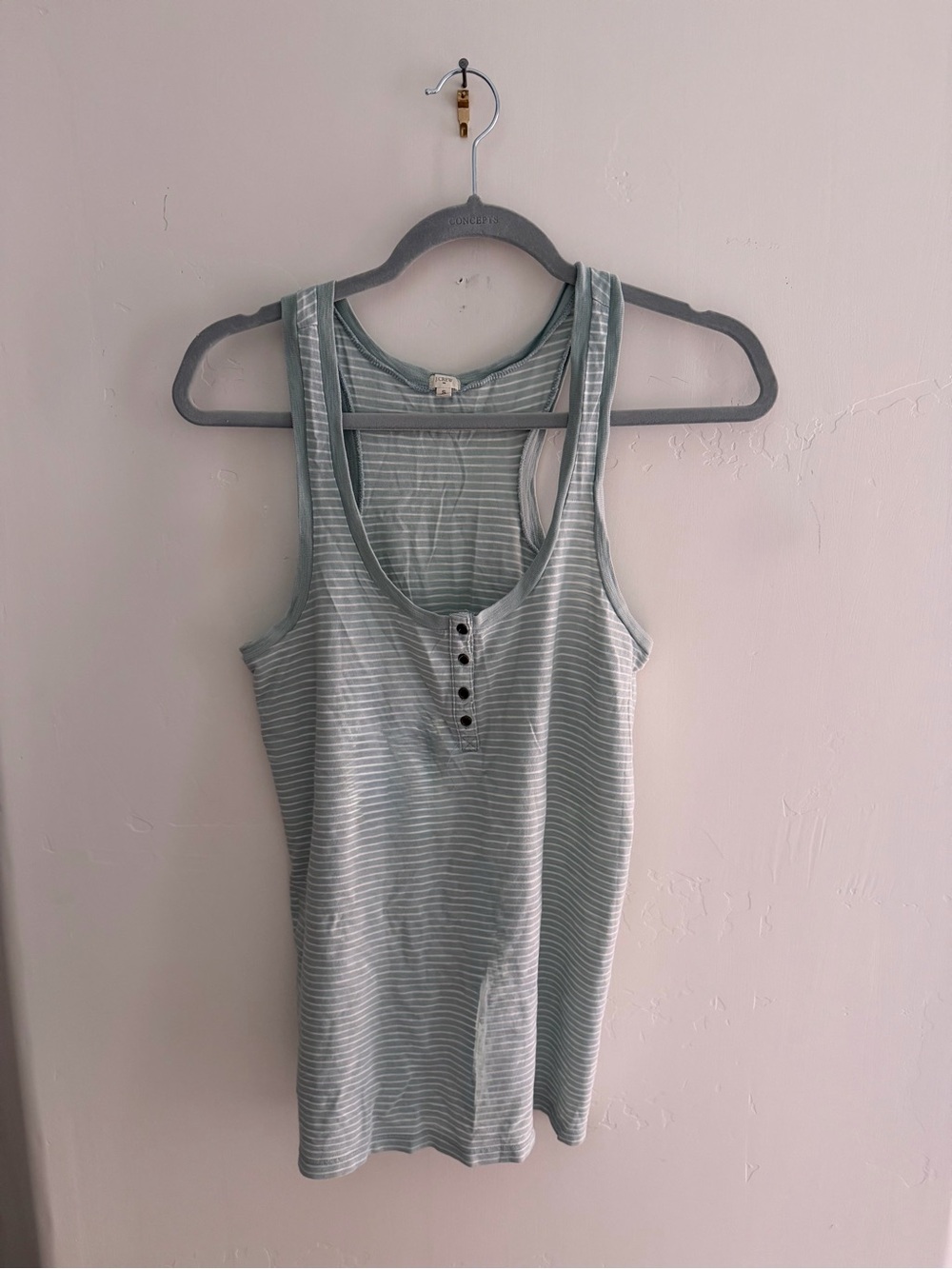 J. Crew Light Sage Striped Racerback Tank with Button Placket